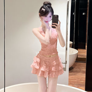 Beautiful New Pink Conservative Cute Girls Small Chest Gathered Beach Pink White Concealing Separate Womens Swimsuit