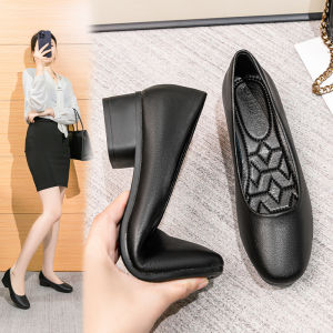 ใส่สบาย นุ่ม ส้นหนาด้านล่าง สีดำ หนัง รองเท้าสําหรับผู้หญิง Air Stewardess Work Interview รองเท้าส้นสูง ทันสมัย เดินทาง