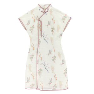 Chuan Dai Shiguang Plum Clouds Summer Print New Chinese Style Short Waist Cinching Slimming Cheongsam Dress Womens Fashion