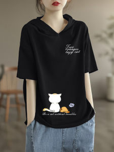 New 2025 Womens Loose Fit Cotton Short Sleeve T-Shirt with Hood Spring Summer Fashion plus Size Body Concealing Slimming Top