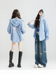 KEIKO | Áo Blouse Họa Tiết Carô Xanh Retro Có Mũ Thin