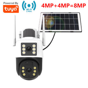 Tuya Smart 4MP+4MP 8MP Dual Lens Battery Solar WiFi Dual Screen Human Motion Tracking Outdoor Security Surveillance FHD Camera