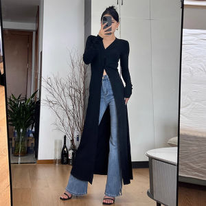 Stylish Knitted Open Cardigan Spring Autumn Womens Fashion Black High-End Feeling Atmosphere Medium Length Outerwear