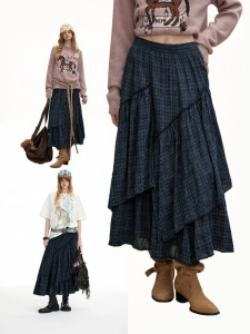 Unifree | Blue Vintage Plaid Asymmetric Design Long Skirt