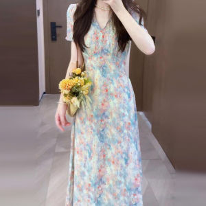 Homecore | Summer Beach Vacation Floral Print Dress Elegant High Waist Long Skirt Homecore Brand A-Line Silhouette V-Neck Short Sleeve