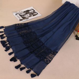 Jifang Women Hollow Lace Cotton Muslim Hijabs Shawls Pashmina Spring Autumn Plain Shawl Scarves with Tassels 210x70cm WJ572