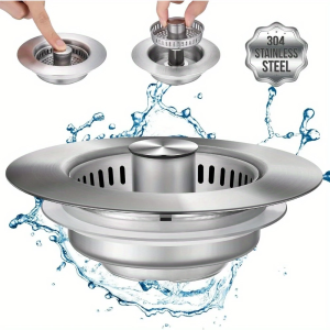 3-in-1 Stainless Steel Kitchen Sink Strainer - Pop-Up Stopper with Anti-Clogging Basket and Odor Filter Easy Clean Drain Strain