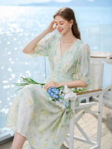 XIANGYING | Green Dyeing Floral Maxi Dress V-Neck Cinched Waist Summer Holiday Style