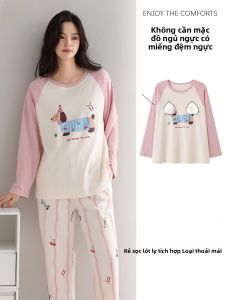 MiiOW | Bộ đồ ngủ cotton nguyên chất cho nữ tay dài mùa xuân thu có đệm ngực rộng rãi mặc ở nhà MiiOW phong cách thường ngày thoải mái