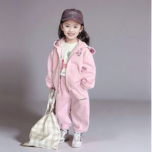 Spring New Arrival Kids Cartoon Cotton Hooded Open Cardigan Jacket Girls Sports Two-Piece Set Trendy Korean Style Childrens Wear