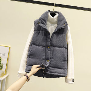 Womens Loose Corduroy Vest Autumn Winter Short Bread Style Jacket Thickened Cotton Polyester Fiber Button Chain Pocket Design