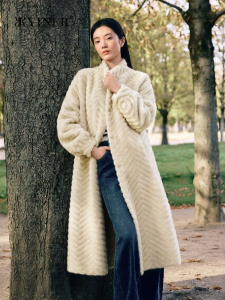 French Chic Herringbone Pattern Lantern Sleeve Eco-Fur Coat