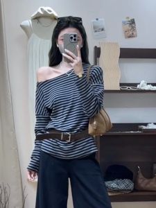 Slimming Loose Long Sleeve T-Shirt Women Early Autumn Creative Striped Lazy Style Base Shirt Chic Top Citywalk Fashion Cotton Polyester