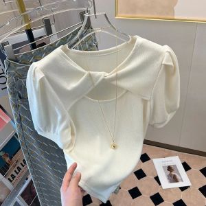 High-End Green Short-Sleeve Womens T-Shirt Korean Style Design Sensation Summer Fashion Bubble Sleeve Top