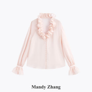 Silk Acetate Pink Shirt with Handmade Rose Collar