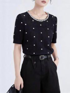 QINGNAER | Dots Short Sleeve Elegant Knit Top Black Large Size