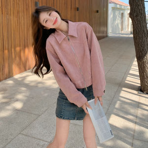 Pink Suede Short Jacket Womens Spring Autumn 2025 New Korean Style Sweet Cool Youthful Casual Coat Zipper Pocket Straight Leg