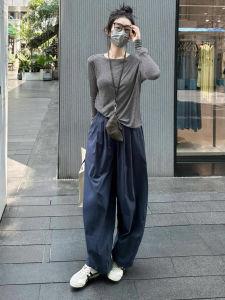 Áo Thun Nữ Tay Dài Mỏng Mùa Thu Thường Ngày Cổ Tròn Màu Trơn Dài Vừa Phải Chất Liệu Cotton Pha Trộn