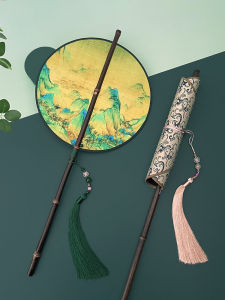 Large Bamboo Handle Fan Woven Silk round Shape Retro Style Hanging Waist Fan Handmade Craft Fan for Daily Use in China