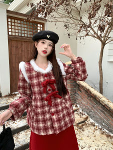 Christmas New Year Atmosphere Large Size Womens Coat Plaid Short Woolen Skirt Set Red Outerwear Commute Style Winter Long Sleeve