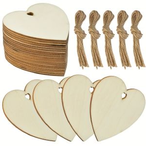 30pcs Heart Wood Slices DIY Predrilled Wooden Heart Embellishments with Twine for Valentines Day Wedding Thanksgiving