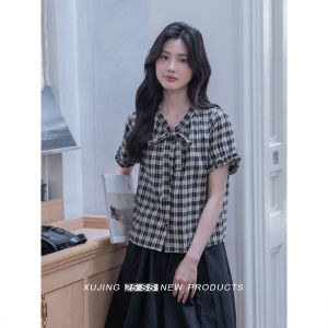 Áo Nữ Tay Ngắn Thiết Kế Carô Đen Có Nơ