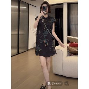 Shalldoer | ชุดกี่เพ้าดอกกุหลาบฤดูร้อนสำหรับผู้หญิง ชุดสองชิ้น คอตั้ง กระดุม แขนสั้น กางเกงขาสั้น เสื้อผ้าทำงานสไตล์จีน