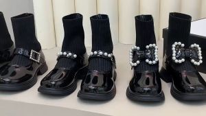 Princess Girl Ribbon boot Girl cover shoe Kasut tinggi budak Perempuan Kanak 儿童黑色公主鞋袜子靴