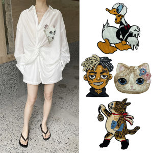 Cartoon Embroidered Animal Cat Duck Person Pattern Fabric Patch Sew on Repair Decorative Old Clothes Patch Sticker