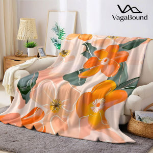 BILIBILI | peach orange floral watercolor Flannel Blanket Warm Soft Halloween Christmas Decorative Couch Warm Cozy All-Season Gift