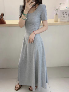 Gray Short Sleeve U-Neck Slim Fit Womens Dress Summer French Style Waist Cinched Long Dress Pure Color Elegant A-Line Skirt