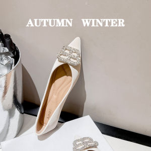 French Elegant Crystal Flat Bottom Womens Shoes Summer Pointed Toe Soft Bottom Matching Skirt Shoes Large Size 41-43