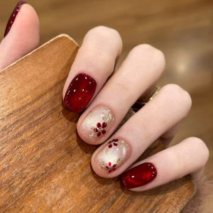 24pcs Press on Nails Cats Eye Red Full Cover Nail Tips Gilded Short Square Fake Nails Art with Flower Design False Nail Sets
