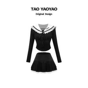 Korean Style Preppy Style JK Sailor Collar Silm Tops Female Early Autumn Sweet High Waist Slim Looking A- line Pleated Skirt Suit Tide