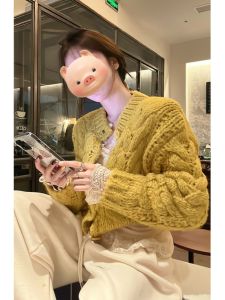 BINKAFENNY | Ladies Yellow Knitted Short Cardigan Coat Korean Style Autumn Winter Fashion Sweater Small Size Top Comfortable Lazy Style