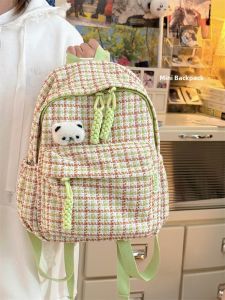 Cute Mini Plaid Backpack Korean Style Casual Student Double Shoulder Bag Soft Polyester Material Zipper Closure Comfortable Padded Back