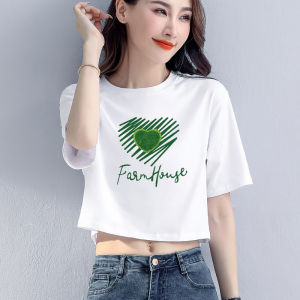 Hot Girl Short Sleeve Black T-Shirt Womens Summer New High Waist Belly Button Pure Cotton Half Sleeve Trendy Top Print Style