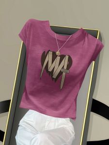 French Elegant Fashionable Print T-Shirt Waist Cinched Unique Beautiful Street Style Anti-Aging Chic Summer Short Sleeve round Neck