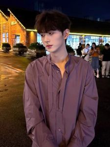 Casual Long Sleeve Mens Shirt Plum Purple Sash Ume Purple Drifting Belt Japanese Style Youthful Casual Shirt Outerwear