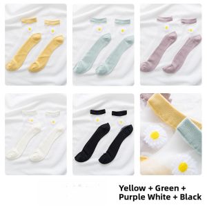 JINGCHI | Daisy Pattern Transparent Cotton Thin Women Socks Korean Style Summer Breathable Moisture Wicking Short Socks Crystal Socks