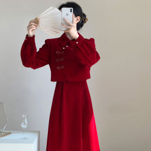 ชุดเดรสผ้ากำมะหยี่สีน้ำเงินสำหรับผู้หญิง ชุดแต่งงานแบบจีนใหม่ ชุดยาวปานกลาง แขนยาว คอปก สไตล์ฤดูใบไม้ร่วงและฤดูหนาว