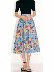 MANMI | French Retro Blue Floral High-Waist Slimming Versatile Skirt