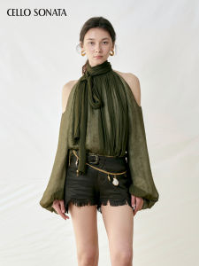 Cello Sonata | Tie-strap Off-shoulder Rayon Shirt Green