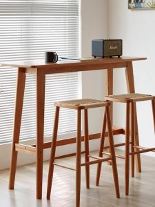 Scandinavian Solid Wood Chair For Home Cherrywood Japanese Minimalist Rattan Bar Stool Kitchen Island High Stool Bar Stool Braid Rope Stool