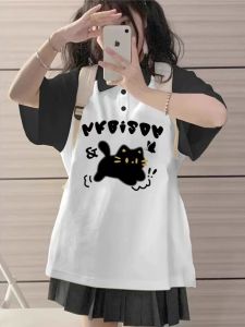 Sweet School Style Half Sleeve Polo Shirt round Neck Short Sleeve T-Shirt for Teenage Girls Summer Lightweight Cotton Blend Top