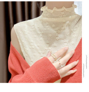 Lace Trim Mesh Base Shirt Long Sleeve Half High Collar Layering Top Korean Style Slim Fit Commute Wear Single Piece Autumn Winter Fashion