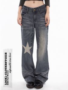 Original Vintage Blue Washed Star กางเกงยีนส์ สูง เอว ขาตรง กางเกงขาม้า การบํารุงรักษาต่ํา เดนิม กางเกง สําหรับผู้หญิง