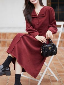 Womens Corduroy Dress High Waist Long Sleeve Midi Skirt Korean Style Commute Button Detail A-Line Skirt Pure Color V-Neck