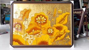 ( Kèm khung) Tranh sơn mài - HOA SEN - Size 114x153 cm nền dát vàng hàng cao cấp xuất khẩu