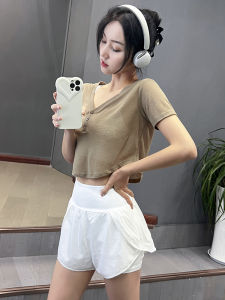 Breathable Loose Fit V-Neck Yoga T-Shirt for Women Lightweight Nylon Training Top for Running Fitness Casual Short Sleeve Summer Wear